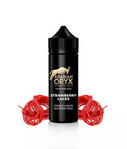 A 100ml bottle of ARABIAN ORYX Strawberry Laces E-Liquid with a black label, accompanied by a red wire lace and a group of strawberries to the side, against a white background.
